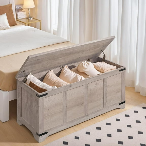 Storage Chest, 43.3" Storage Trunk with 2 Safety Hinges, Wooden Toy Chest, Entryway Shoe Bench, Large Toy Box for Kids Room, Bedroom, Living Room, Greige SCGY5001