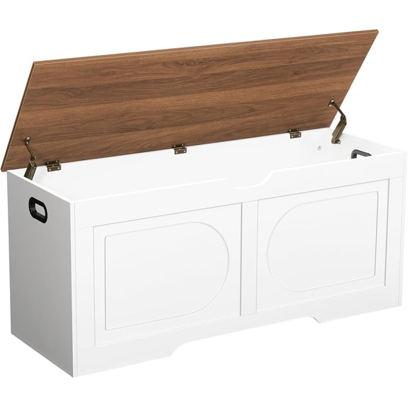 Storage Chest, 43.3” Toy Box, Entryway Storage Trunk, Shoe Bench with Storage, Engineered Wood Storage Cabinet with 2 Safety Hinges, Entrance Bench for Living Room, White + Walnut