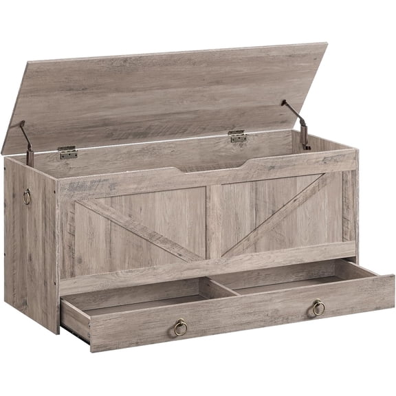 Storage Chest, 43.3" Toy Chest with Drawer, Wooden Storage Bench, Sturdy Entryway Bench Supports 220 lb, Shoe Bench, Safety Hinge, U-Shaped Opening, Easy Assembly, Greige BG711CW01G1