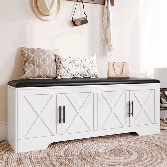 NYBOPAVIS 47" Wooden Storage Bench with Storage & Cushion, Upholstered Storage Bench with Safety Hinges for Entryway, Bedroom, White