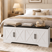NYBOPAVIS 47" Wooden Storage Bench with Storage & Cushion, Upholstered Storage Bench with Safety Hinges for Entryway, Bedroom, White
