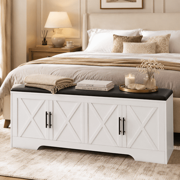 NYBOPAVIS 47" Wooden Storage Bench with Storage & Cushion, Upholstered Storage Bench with Safety Hinges for Entryway, Bedroom, White