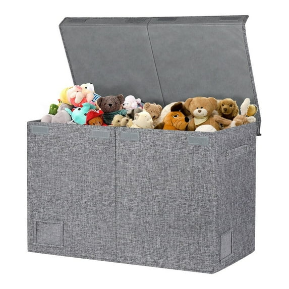 Storage Chest Box, Large Organization Box with Lid & 2 Adjustable Compartments, Heavy-Duty Linen Storage Bin Container with Handles, Rectangle Item Organizer for Clothes, Sundries