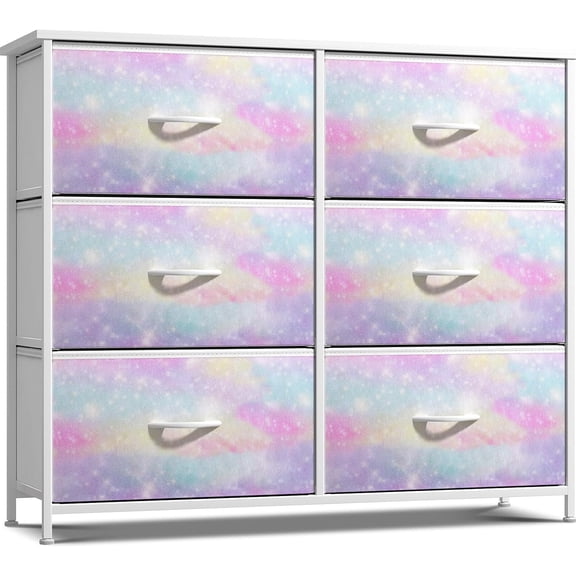 Storage Chest Organizer Nightstand - Steel Frame, Wood Top, Tie-Dye Fabric Bins for Clothes - Wide Furniture for Bedroom, Hallway, Nursery, Closet, & Apartment