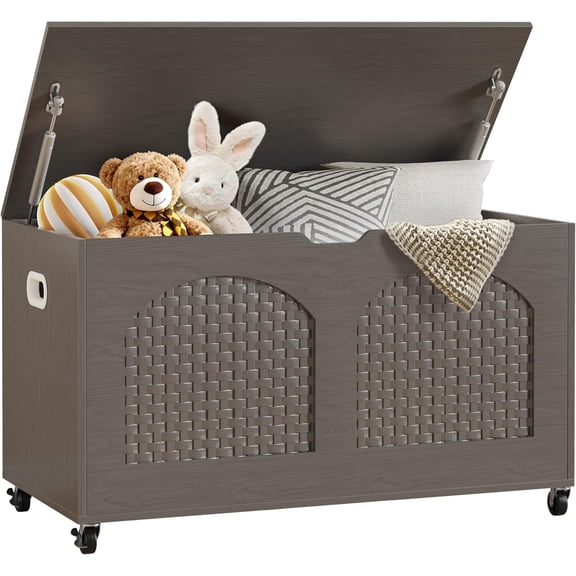 Storage Chest, Rattan-Style Toy Storage Bench with Lid and Wheels, Square Storage Trunk for Entryway, Bedroom, Living Room(Gray)