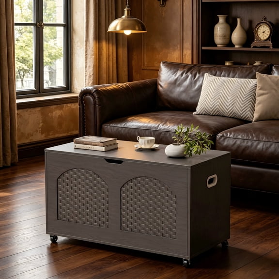 Storage Chest, Rattan-Style Toy Storage Bench with Lid and Wheels, Square Storage Trunk for Entryway, Bedroom, Living Room, Gray