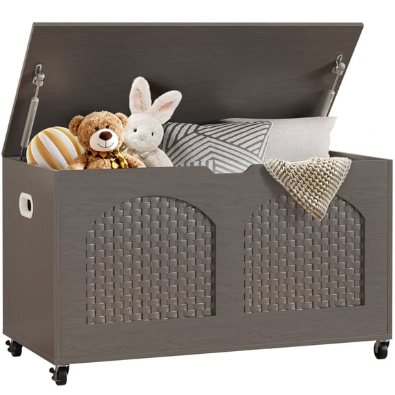 Storage Chest, Rattan-Style Toy Storage Bench with Lid and Wheels, Square Storage Trunk for Entryway, Bedroom, Living Room