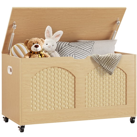 Storage Chest, Rattan-Style Toy Storage Bench with Lid and Wheels, Square Storage Trunk for Entryway, Bedroom, Living Room