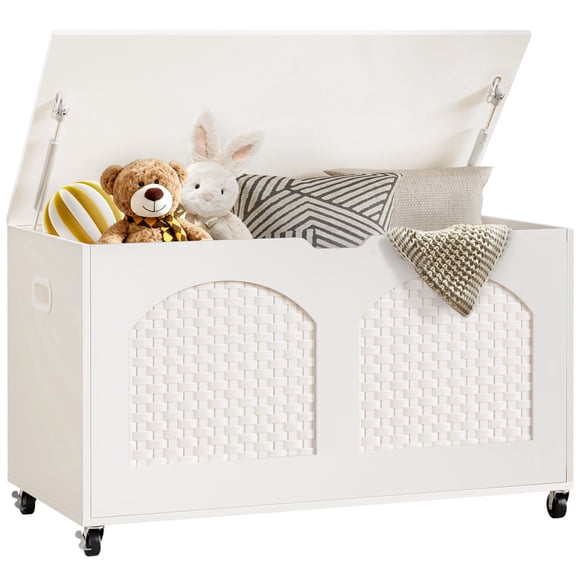 Storage Chest, Rattan-Style Toy Storage Bench with Lid and Wheels, Square Storage Trunk for Entryway, Bedroom, Living Room