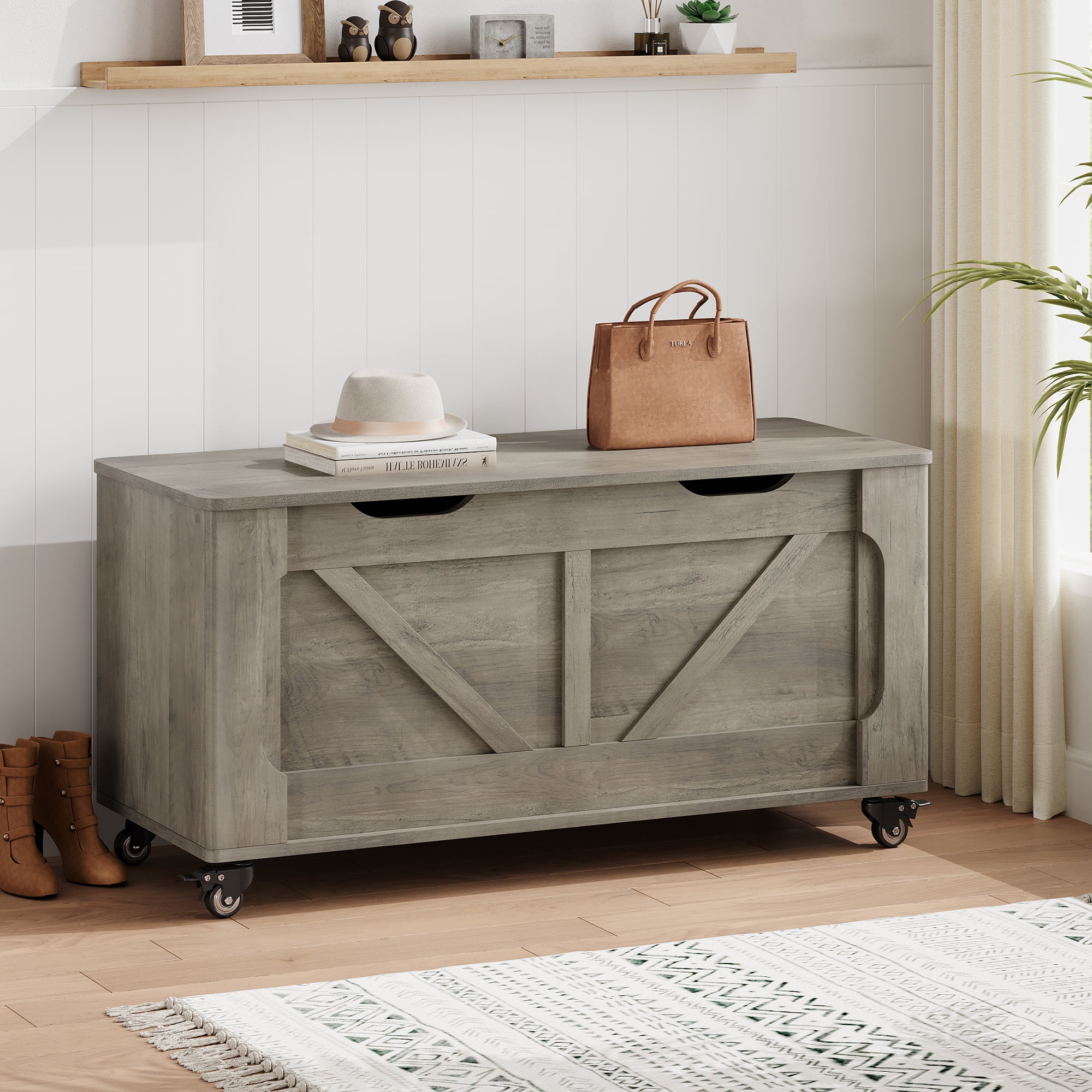 Storage Chest, Storage Bench with Wheels, Wooden Blanket