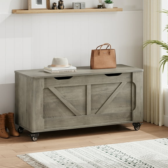 Storage Chest, Storage Bench with 4 Wheels, 39.4" Wooden Blanket Chest with 2 Safety Hinges, Round Corner, Supports 350 lbs, Storage Trunk for Entryway, Living Room, Bedroom,Gray