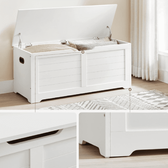 Storage Chest, Storage Bench with 2 ty Hinges, Farmhouse Style, 15.7 x 39.4 x 18.1 Inches, for Entryway, Bedroom, Living Room, Cloud White