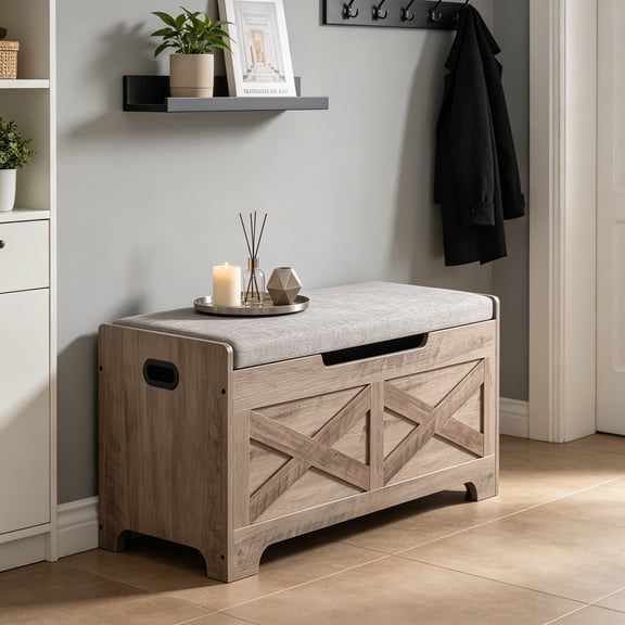 Storage Chest, Storage Bench with Safety Hinge, Farmhouse Style Wooden Trunk Chest for Entryway, Bedroom, Living Room, Grey
