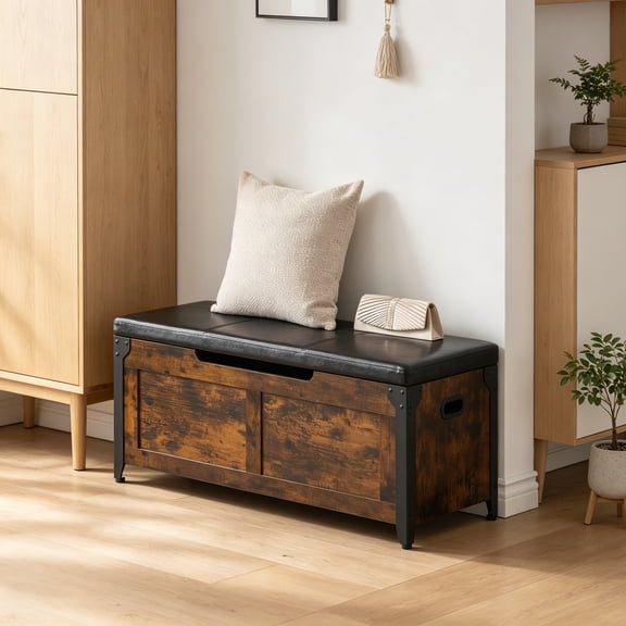 Storage Chest, Storage Bench with Safety Hinge, Farmhouse Style Wooden Trunk Chest for Entryway, Bedroom, Living Room, Rustic Brown