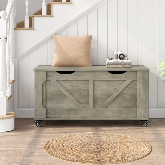 Storage Chest, Storage Trunk With 4 Wheels, 39.4'' Wooden Storage Bench With 2 Safety Hinges, Blanket Chest, Entryway Bench With Storage, Supports 350 Lbs, for Living Room,Gray
