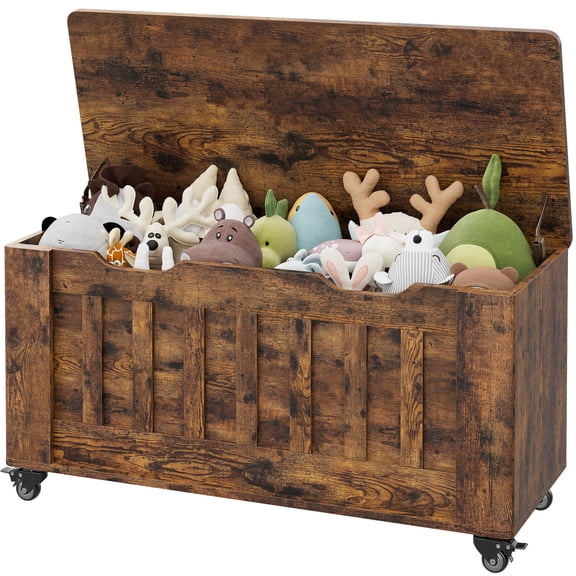 Storage Chest, Storage Trunk With 4 Wheels, 39.4" Wooden Storage Bench With 2 Safety Hinges, Supports 350 Lbs, Round Corner, U-Shape Cutout, for Entryway, Living Room