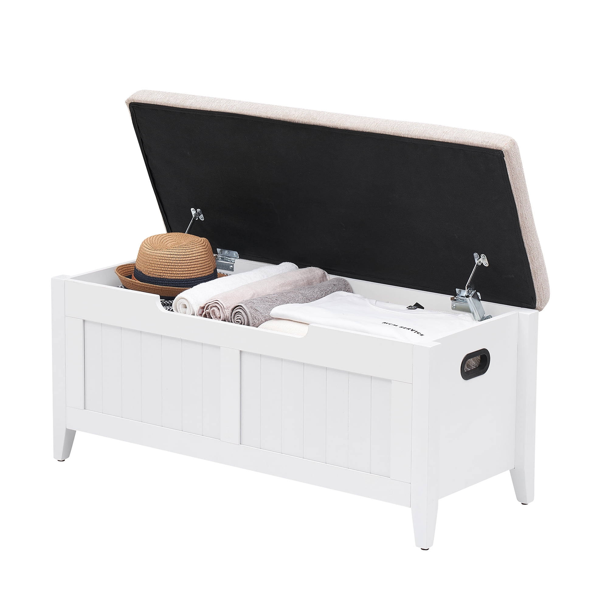 White Upholstered Storage Bench with Safety Hinges and Cushion