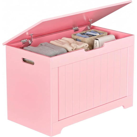 Storage Chest, Wood Storage Bench with 2 Safety Hinges, Storage Trunk Box Bench Entryway Bench for Bedroom and Living Room (Pink)