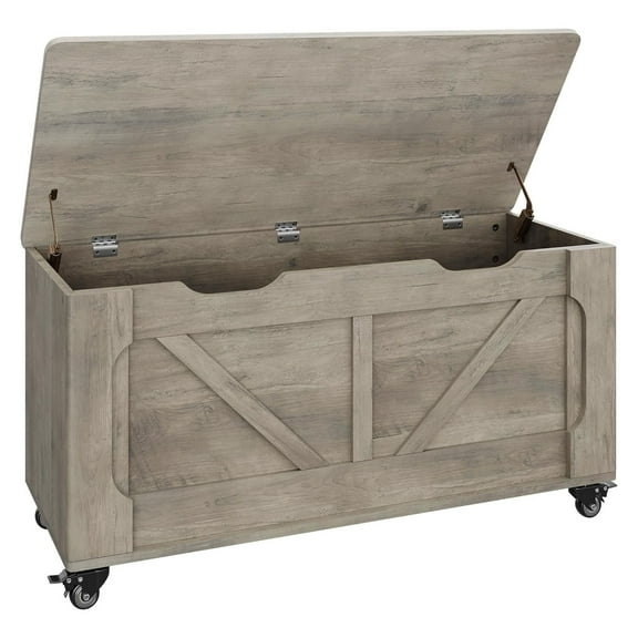 Storage Chest, Wooden Storage Bench with 4 Wheels, 39.4" Storage Trunk with 2 Safety Hinges, Supports 350 Lbs, Round Corner, U-Shape Cutout, for Entryway, Living Room, Gray