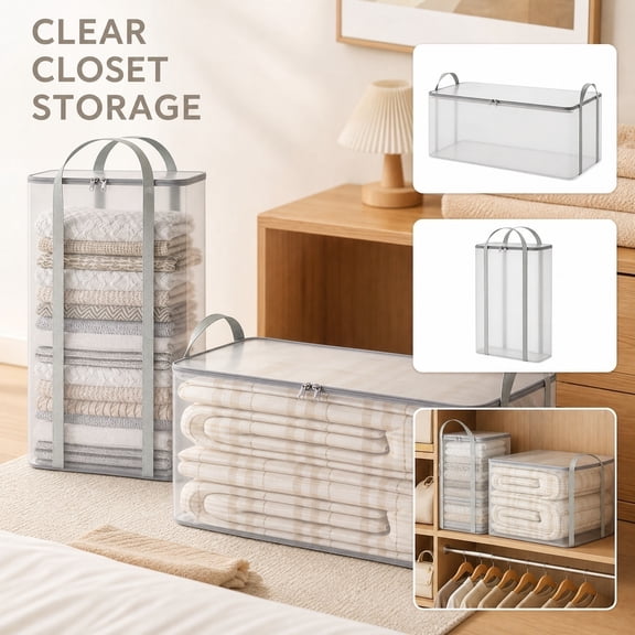 Storage Closet Organizer, Bedding Storage Bag, Clear Storage Bin, Zipper Bag with Carry Handles, 22X14X7 Inch Mesh See-Through Vertical Pouch to Easily Identify Contents Without