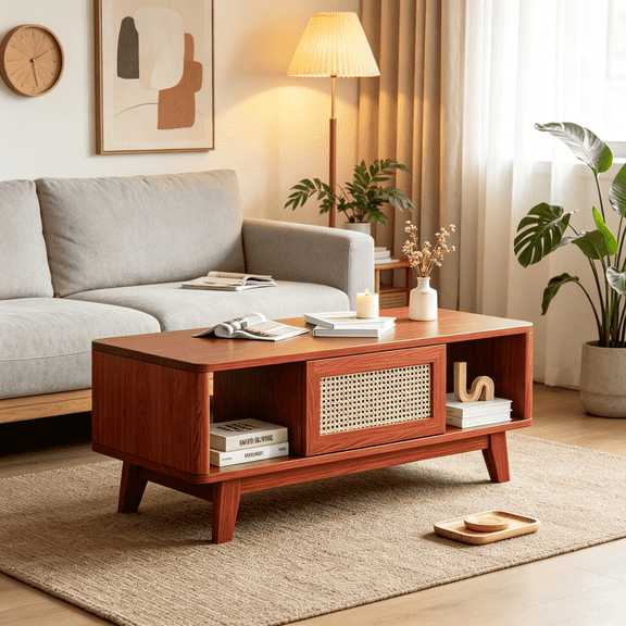 Storage Coffee Table, Mid Century Square Design with Woven Rattan Drawer and Solid Wood Legs in Cherry