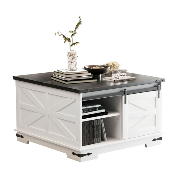 Storage Coffee Table, Modern Farmhouse Coffee Table, Square Wood Center Table with Gas Struts, Extra Large Hidden Storage Space, Metal Bracket Corner