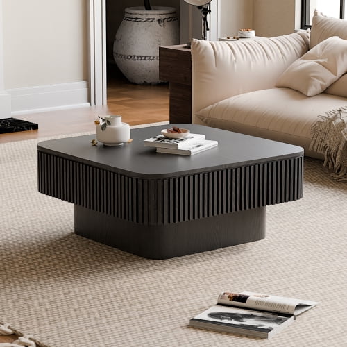 Storage Coffee Table, Modern Square Coffee Table with Flip Top Lid, Solid Wood Veneer Accent Table with Hidden Storage Compartment for Living Room,Black
