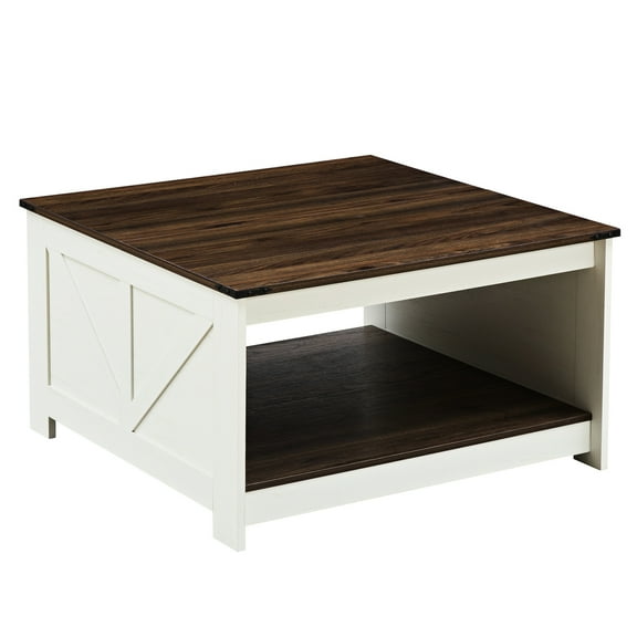Storage Coffee Table, Square Rustic Wood Table For Living & Meeting Areas, Half Open Slot, Walnut , Easy To Wipe And With Cabinet, Cocktail Meeting, Style, Open,