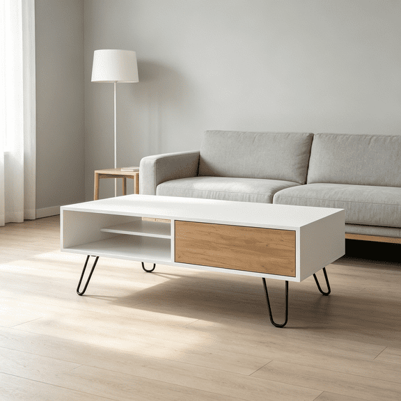 Storage Coffee Table with Drawer & Hairpin Legs, White Oak Modern Console Table for Lounge