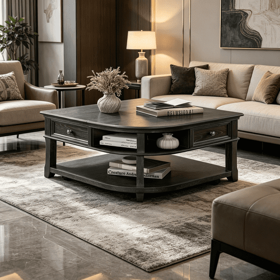 Storage Coffee Table with Lift Top and Drawer, Charcoal Wood Cocktail Table on Casters