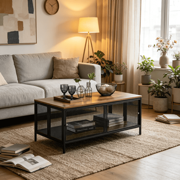 Storage Coffee Table with Sliding Doors, Foldable for Easy Assembly