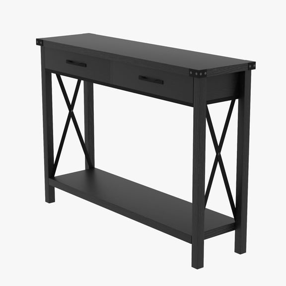 Storage Console Table with 2 Drawers & Lower Shelf – Industrial MDF & Metal Frame, X-Brace Design