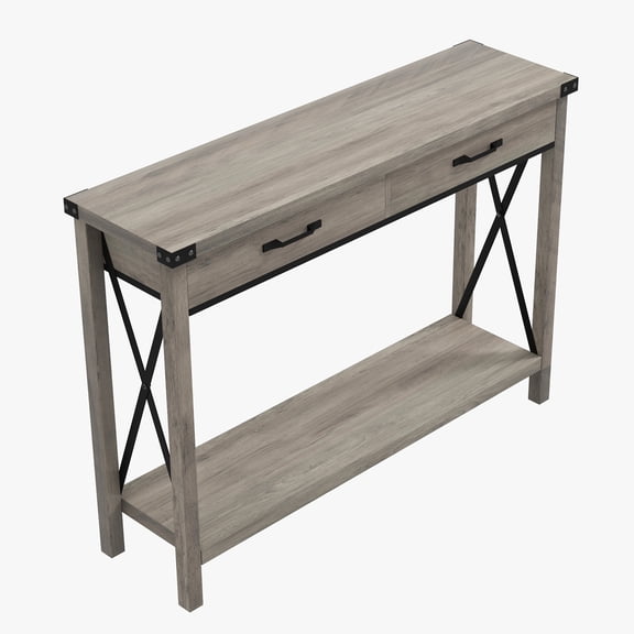 Storage Console Table with 2 Drawers & Lower Shelf – Industrial MDF & Metal Frame, X-Brace Design