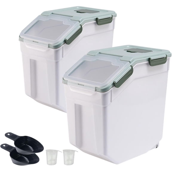 Storage Container 25 lbs, 2 Packs Large Flour Storage Containers with Seal Locking Lid & Wheels, BPA Free Rice Dispenser, Measuring Cup | Scoop, for Sugar Cereal Dry Food, Dog Pet Food Bin -Green