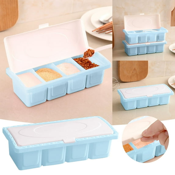 Storage Container 4 Grid Seasoning Box Multi Grid Seasoning Rack Household Seasoning Container with Spoon Seasoning and Sugar Seasoning Bottle, Kitchen Essentials Clearance Sale