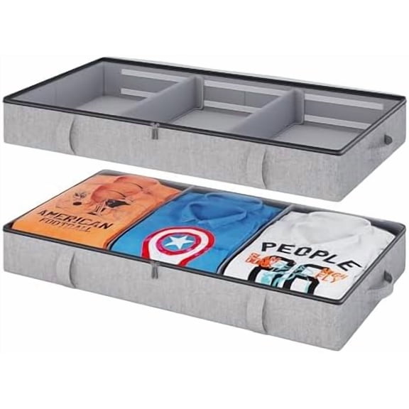 Storage Containers, 6 Inches Tall 60L Underbed Storage Bins with Dividers & Sturdy Handles & Reinforced Sidewalls, Closet Organizer for Clothes, Blankets, Seasonal Items, Dark Gray, 2-Pack
