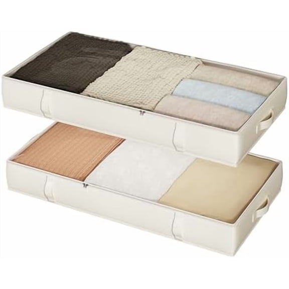 Storage Containers, 6 Inches Tall 60L Underbed Storage Bins with Sturdy Handles and Sidewalls, Closet Organizer for Clothes, Blankets, Seasonal Items, Beige, 2-Pack