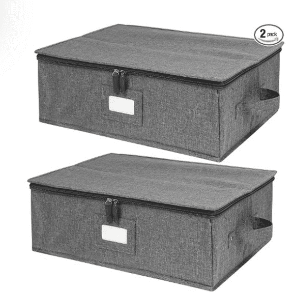 Storage Containers Hard Shell 2 Pack, Platter Storage Case , 5 Felt Dividers Included, Structured Top and Stackable (Linen Grey)