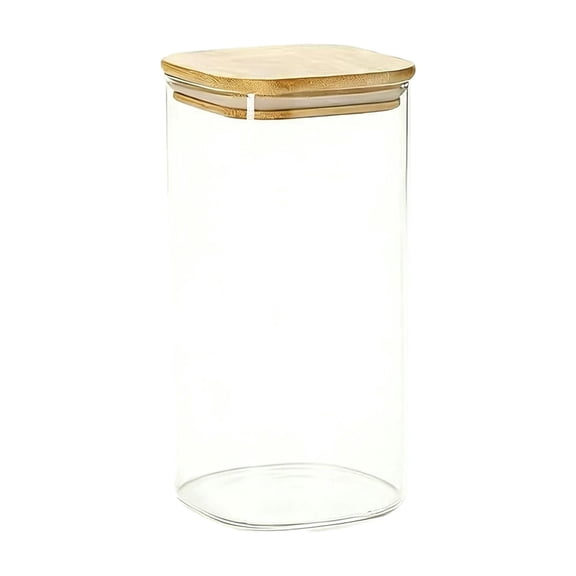 Square Glass Storage Jar with Wooden Lid Airtight Kitchen Pantry Container for Dry Food Grains and Items