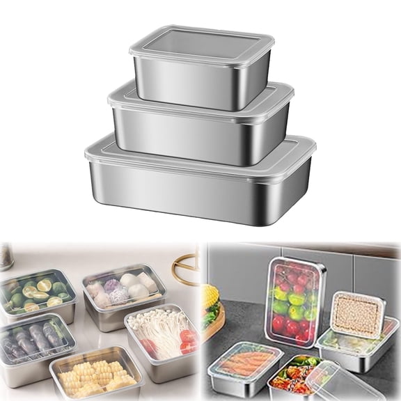 Storage Containers Stainless Steel Food Storage Set in Three Square Sizes for Camping Fridge Organization and Fresh Keeps with Transparent Lids and -Free Design 3PCS, 8.98x6.02x2.32 inch, Silver