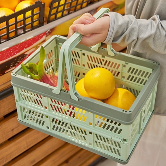 Shopping Basket,Milk Crate,Collapsible Shopping Basket,Reusable Plastic Grocery Shopping Baskets, Small Foldable Storage Crates with Handles,Portable Picnic Basket(Green)