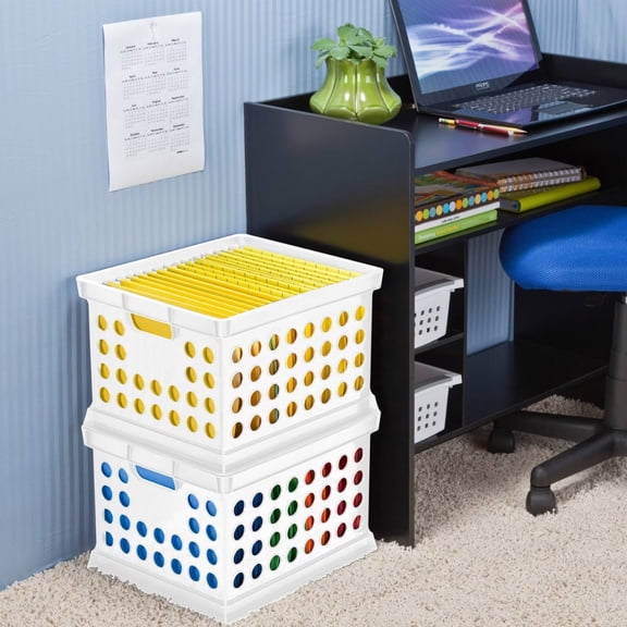 Storage Crate White - Portable Stackable Plastic Milk Crate with Built-In Handles, 30.6L Capacity