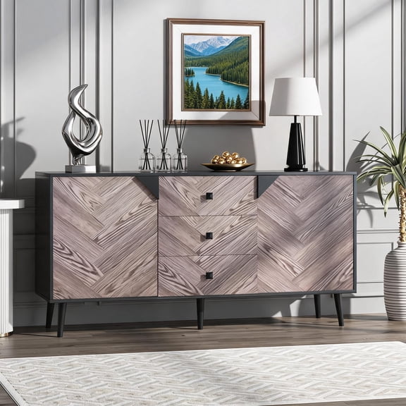 Storage Credenza with 3 Drawers, Adjustable Shelf, Enclosed Doors and Freestanding Design