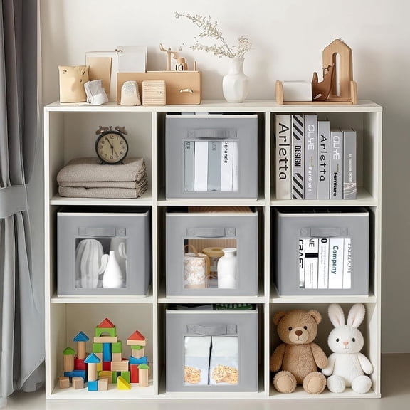 Storage Cube 11 Inch - Cube Storage Bins with Window, Closet Storage Baskets with Handle, Fabric Bins for Closet, Shelves, Toys, Clothes, Set of 6, Grey
