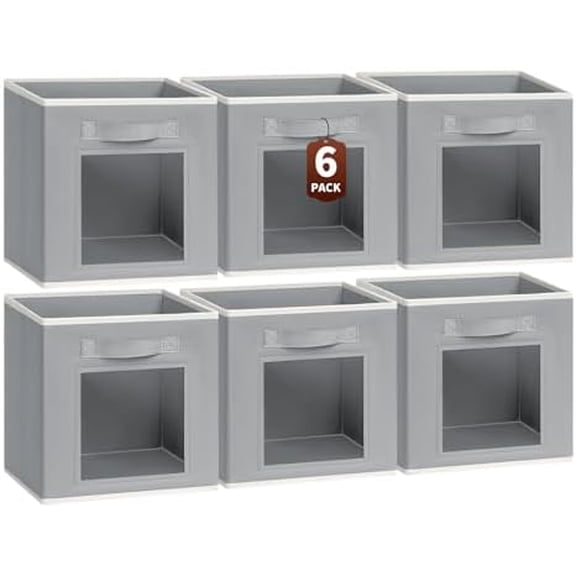 Storage Cube 11 Inch - Cube Storage Bins with Window, Closet Storage Baskets with Handle, Fabric Bins for Closet, Shelves, Toys, Clothes, Set of 6, Grey