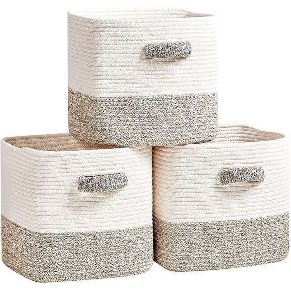 Storage Cube Baskets 3-Pack - 11 inch Square Baskets, Closet & Shelves Organizers - Woven & Drawer Storage - Ideal for Toys | White & Beige