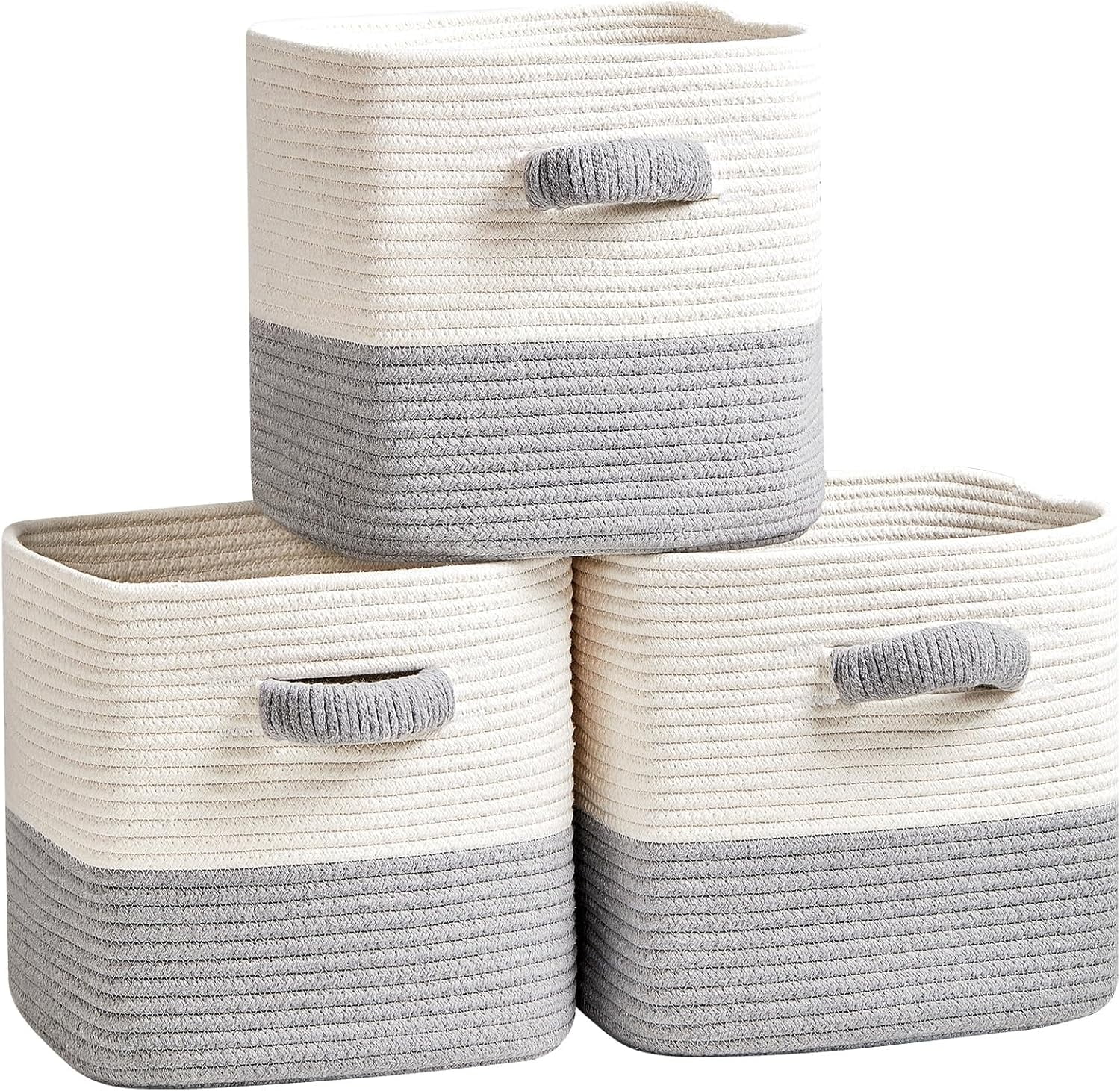 Natural Cotton Rope Woven Square Storage Baskets, White & Grey, 11 Inch, 3-Pack