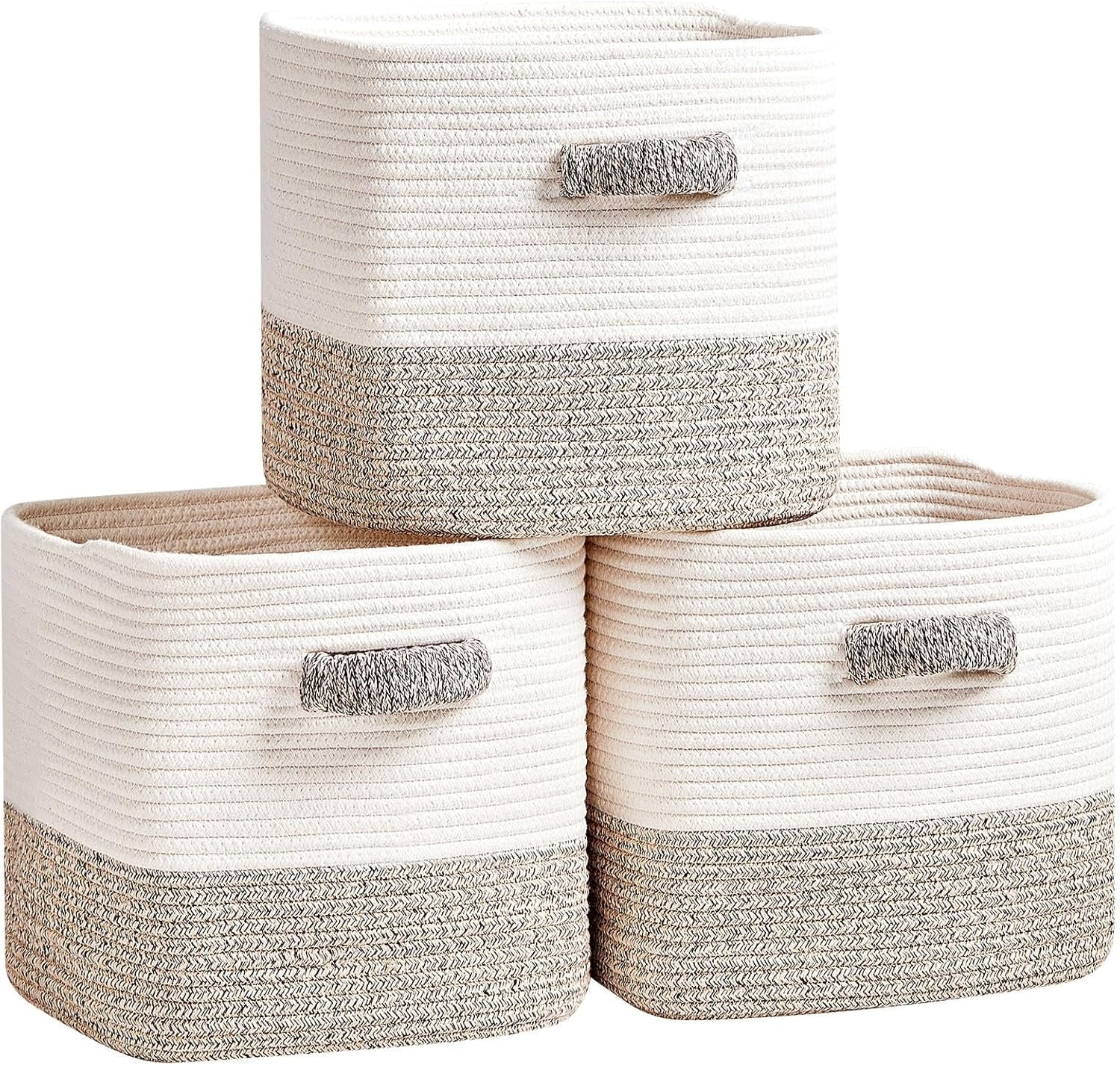 Natural Cotton Rope Square Storage Baskets with Leather Handles, 3-Pack