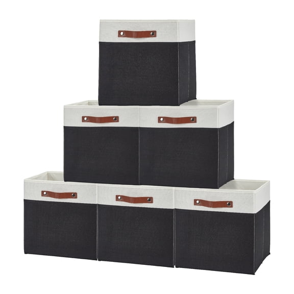 Storage Cube Bins – Collapsible Set of 6, Linen Fabric Organizer Boxes with Leather Handles – Open Storage for Closet, Shelf, Home or Office – 13 x 13 Inch