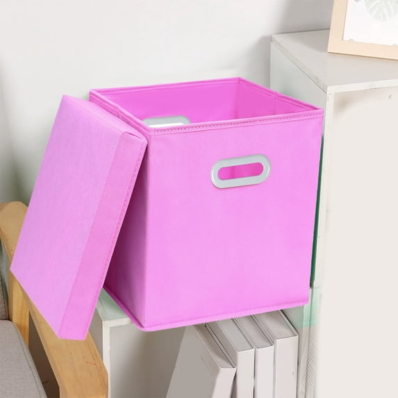 Storage Cube Bins with Removable Lid - Collapsible Stackable Closet Box Linen Fabric Storage Bins, Storage Cube Baskets Container Organizers for Bedroom Office Home Organization, Pink